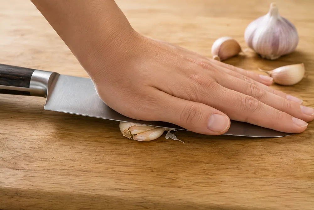 Main appuyant sur le plat d'un couteau de chef pour écraser une gousse d'ail