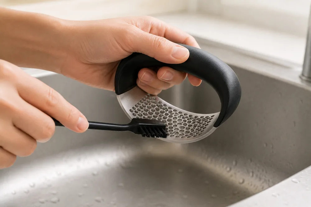 Nettoyage de la plaque perforée du presse-ail à bascule avec sa petite brosse