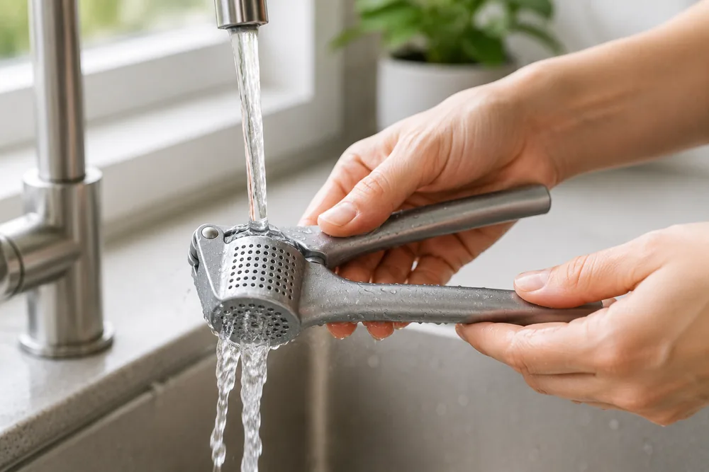 Deux mains rincent un presse-ail sous l'eau courante devant une fenêtre de cuisine
